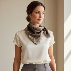 Liz Claiborne Vintage Satin Scarf Taupe Gold Border Square 21”